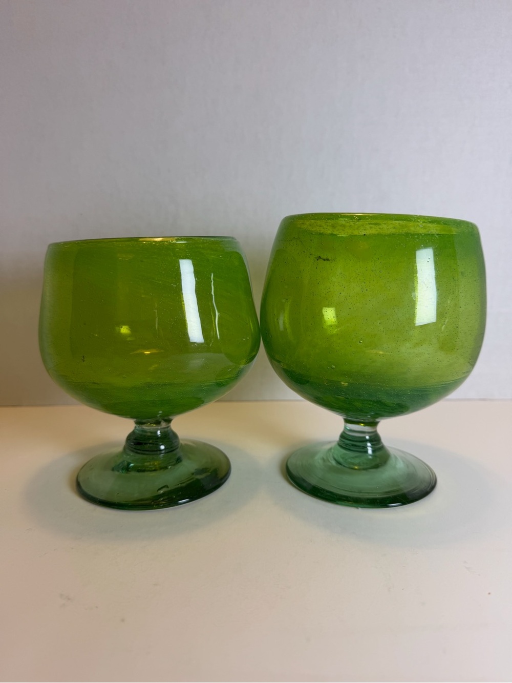 Set of Two Green Hand Blown Bubble Glass Cocktail Glasses
